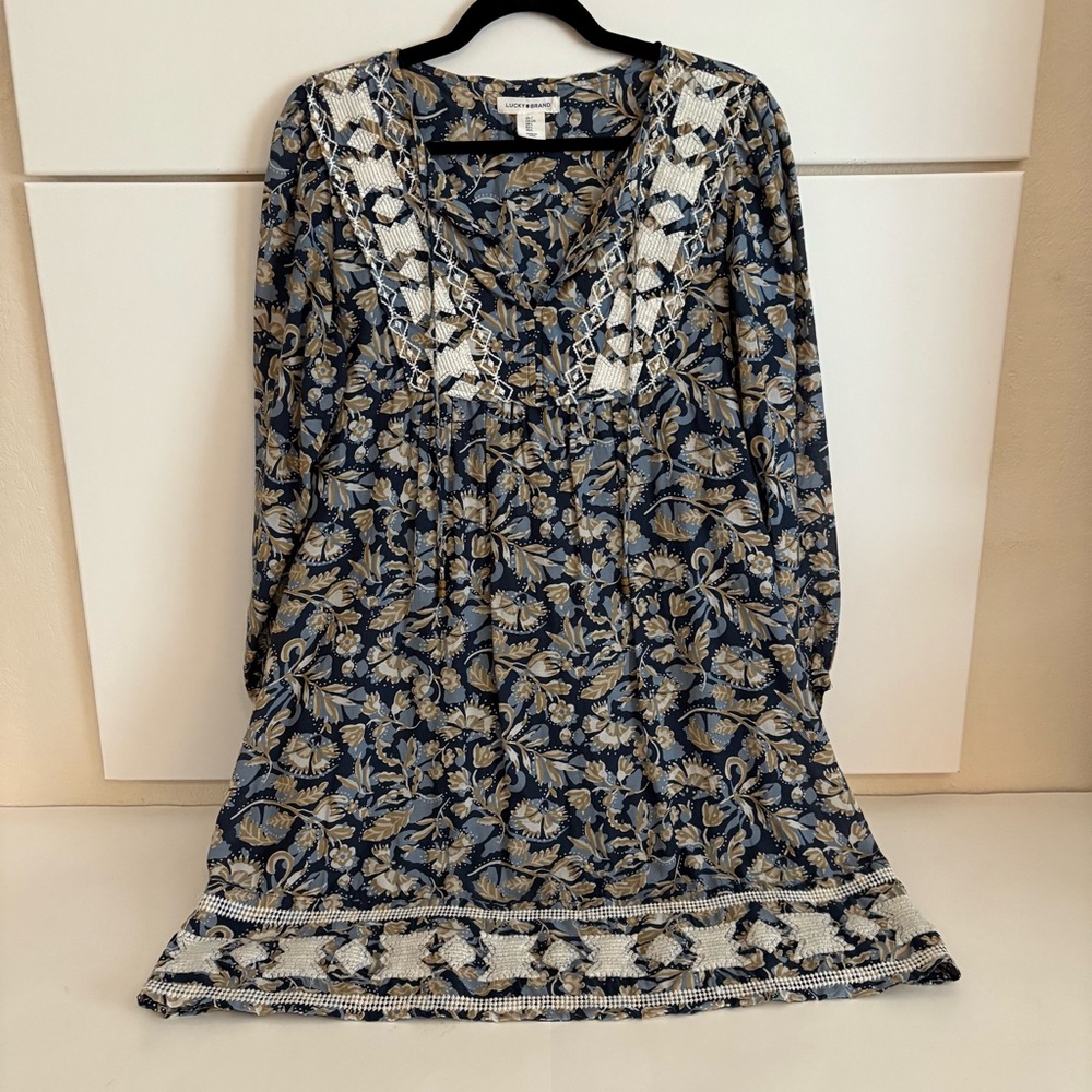 Lucky Brand Blue and Cream Long Sleeve Embroidered Dress Size L